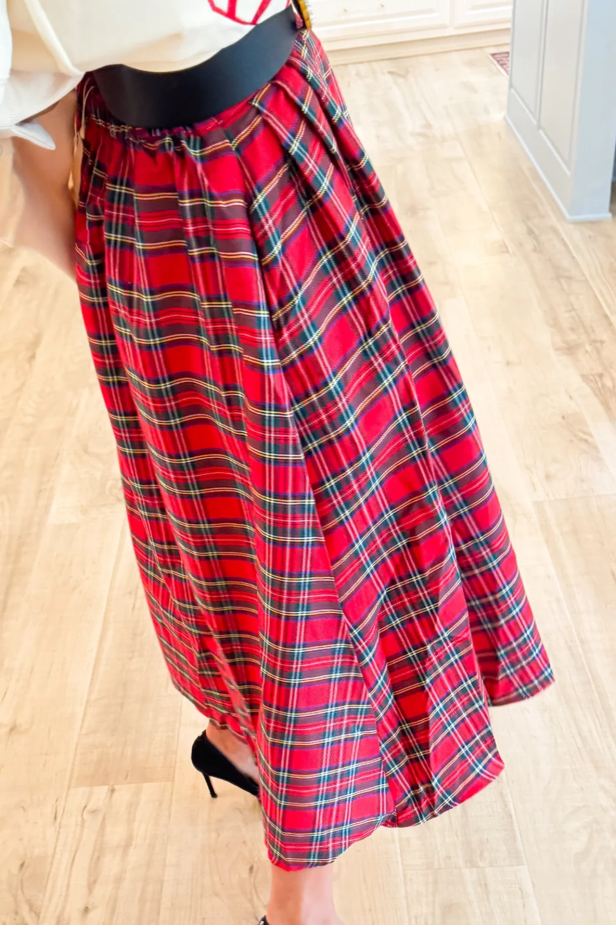Red Multi Plaid Midi Skirt