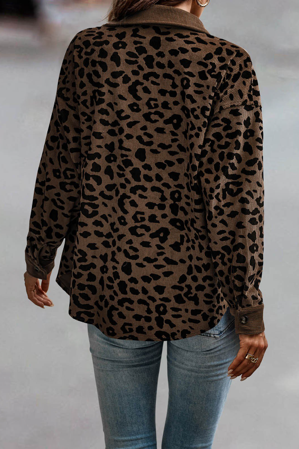 Long Sleeve Leopard Print Top with Contrasting Wavy Trim in Leopard