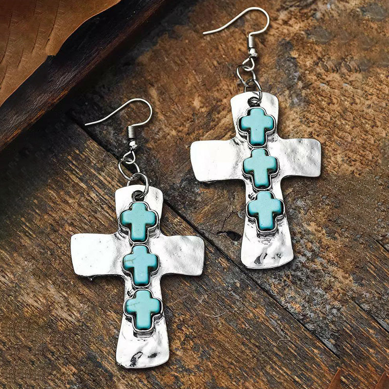 Boucles d'oreilles vintage en alliage avec croix turquoise
