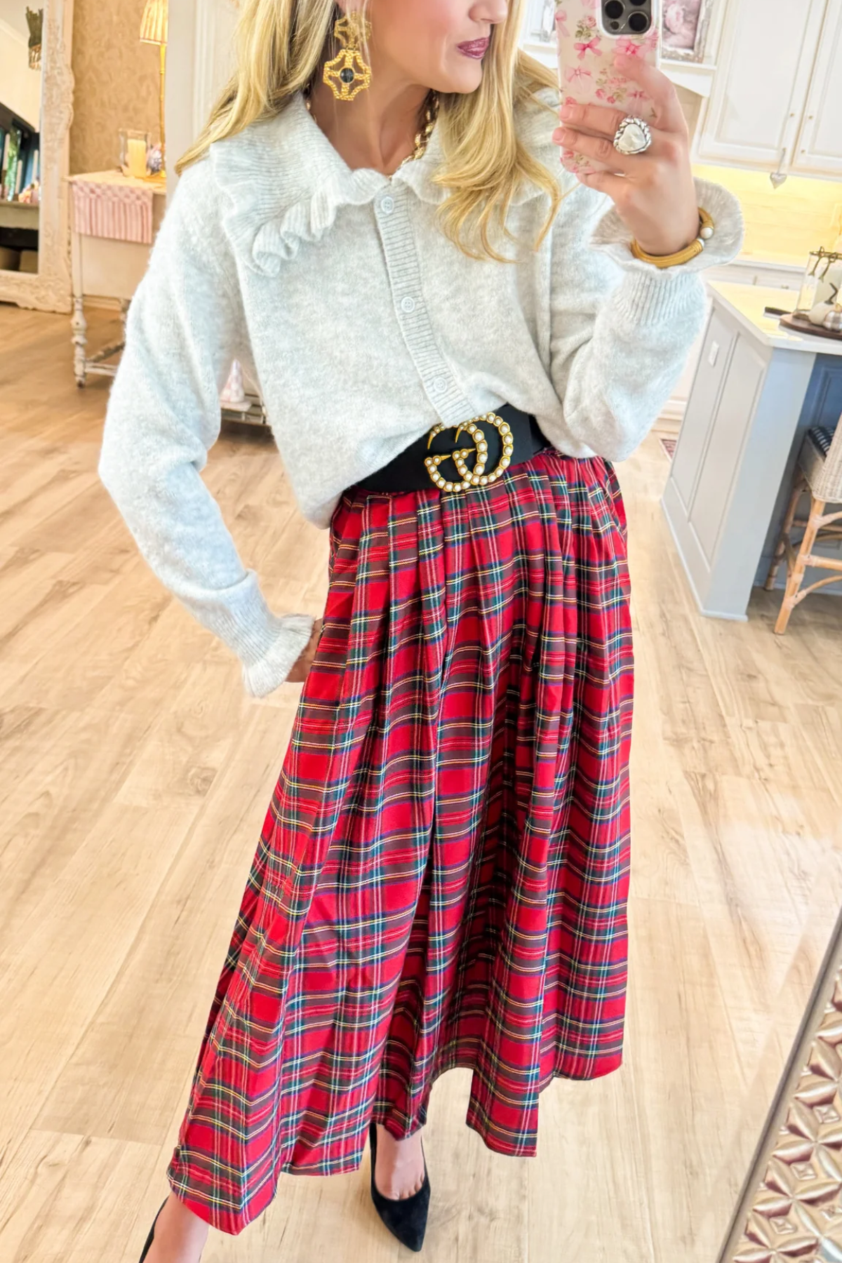 Red Multi Plaid Midi Skirt