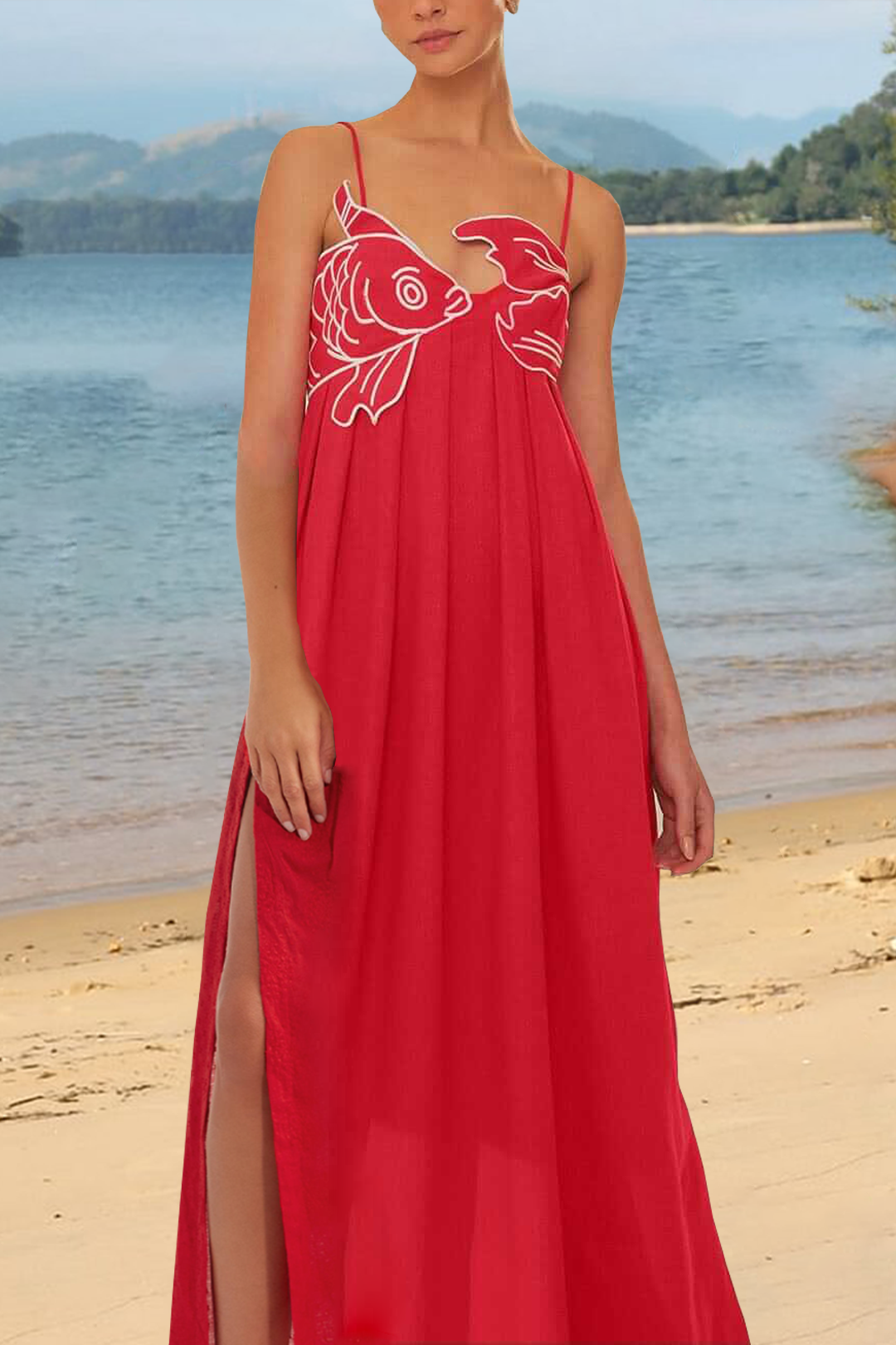 red fish dress Coco Shop Vintage and Pink V-Neck Mini Vintage Red and Pink Fish / L DETAILS Composition Mini Dress Colleen - Red