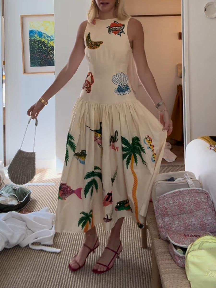 Robe taille basse sans manches à imprimé brodé
