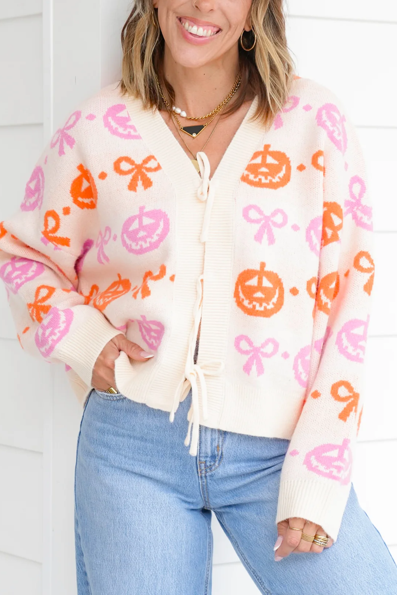 Knit Long Sleeve Jack O'lantern Cardigan with Bows