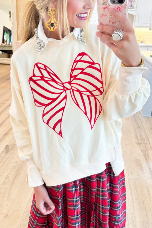 Ivory and Red Candy Cane Bow Sweatshirt