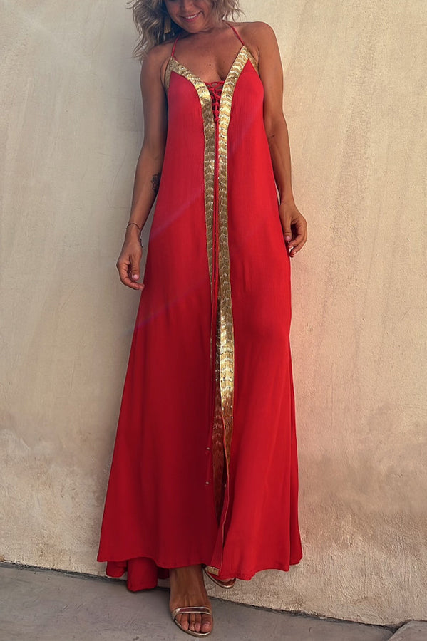 Robe longue à lacets et bordures à sequins Del Mar avec dos élastiqué et licou