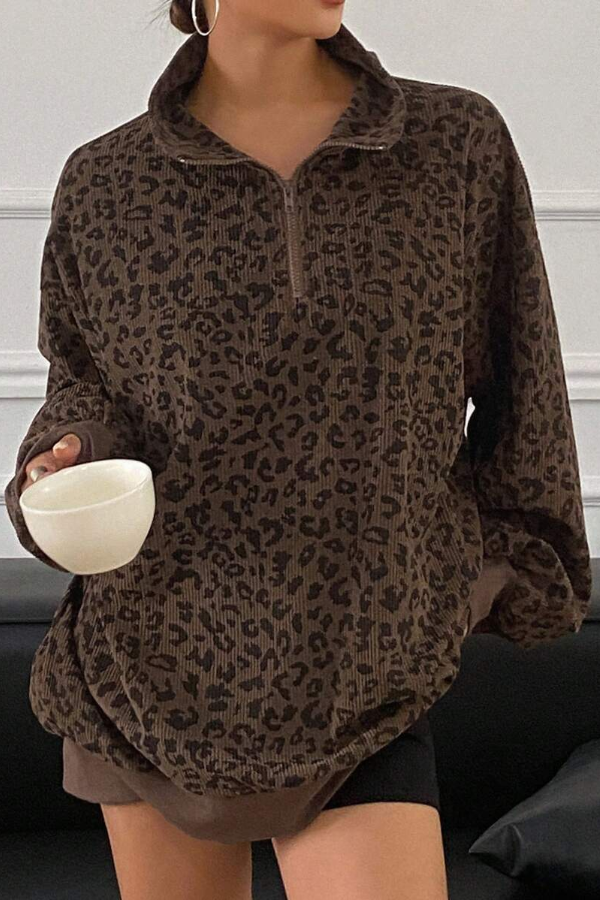 Leopard Print Stand-collar Knitted Top