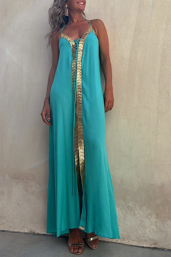 Robe longue à lacets et bordures à sequins Del Mar avec dos élastiqué et licou
