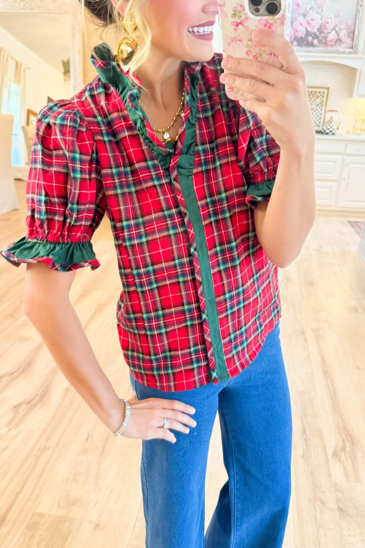 Red Plaid Puff Sleeve Ruffle Trim Blouse