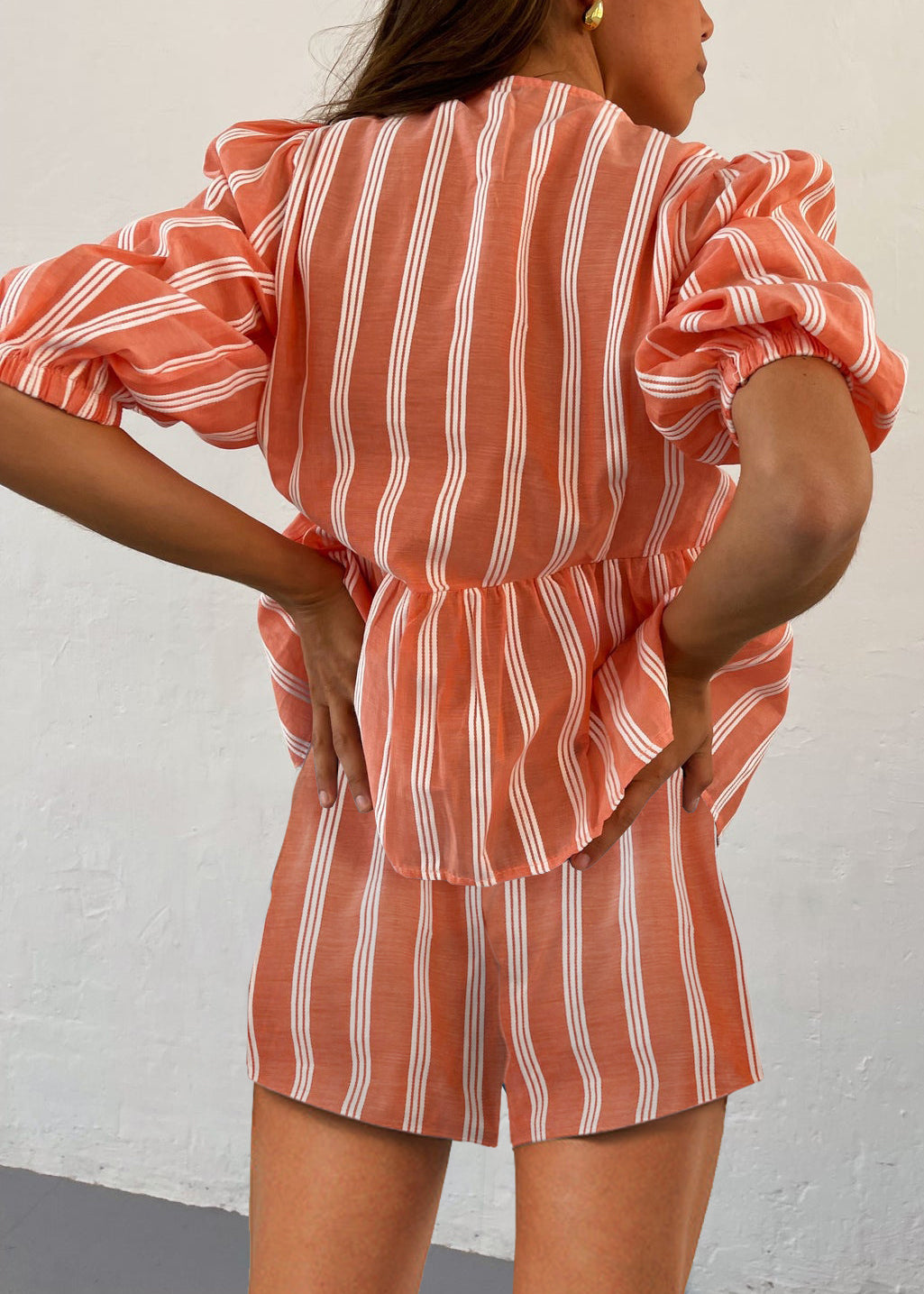 Women's Drawstring Striped Short Sleeve Shorts Set
