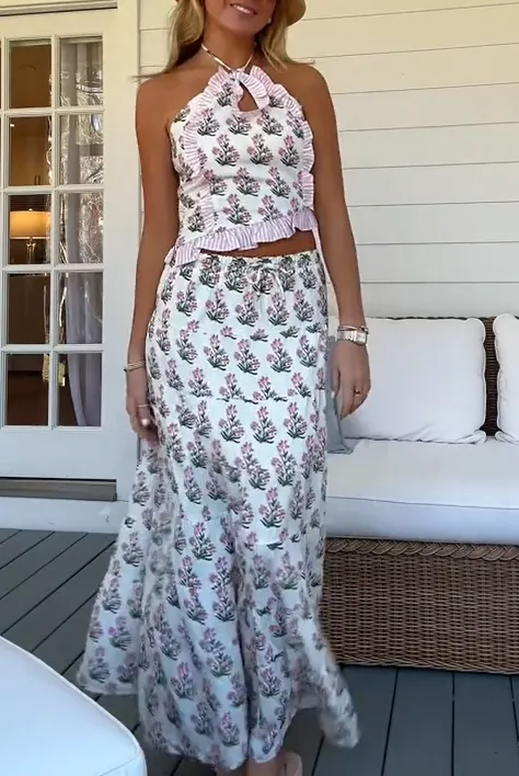 Floral Print Halterneck Maxi Skirt Set