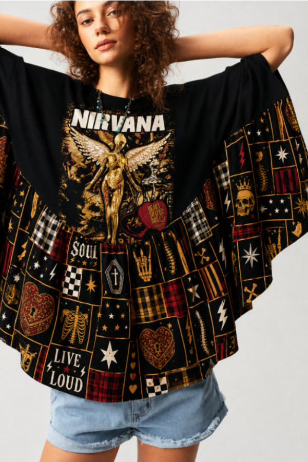 Nirvana Band&Grunge Angel Patchwork Poncho Top