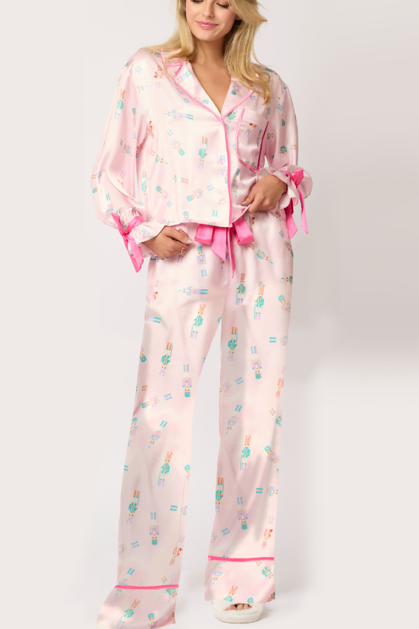 Women's Santa Christmas Satin Lapel Neck Pajama Set