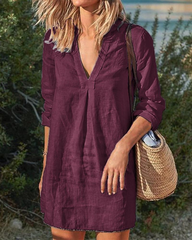 Robes unies décontractées vintage à col en V