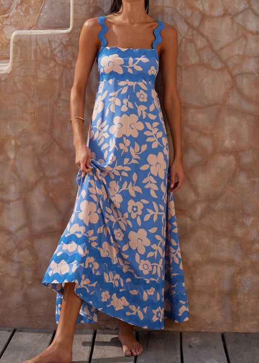 Blue Floral Lace Stitching Wave Suspender Maxi Dress