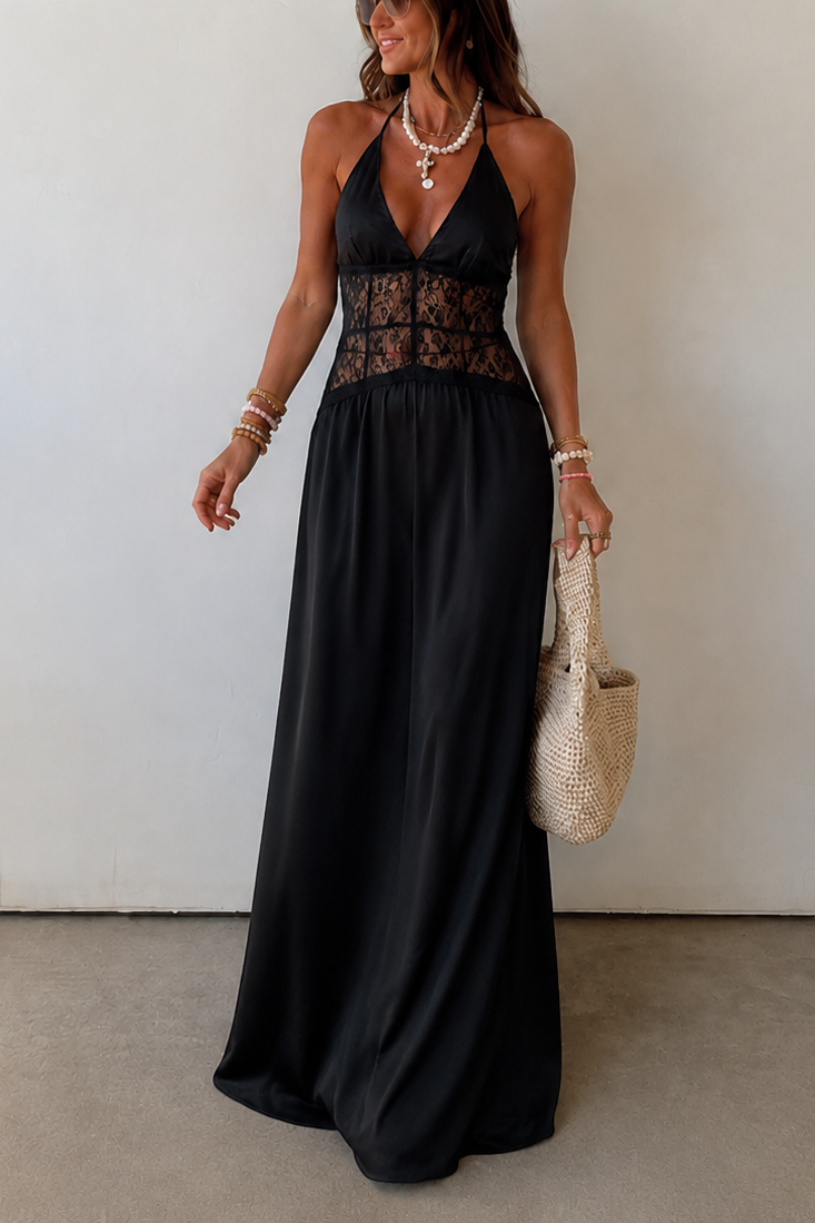 Elegant Deep V Lace Stitching Neck Sexy Dress