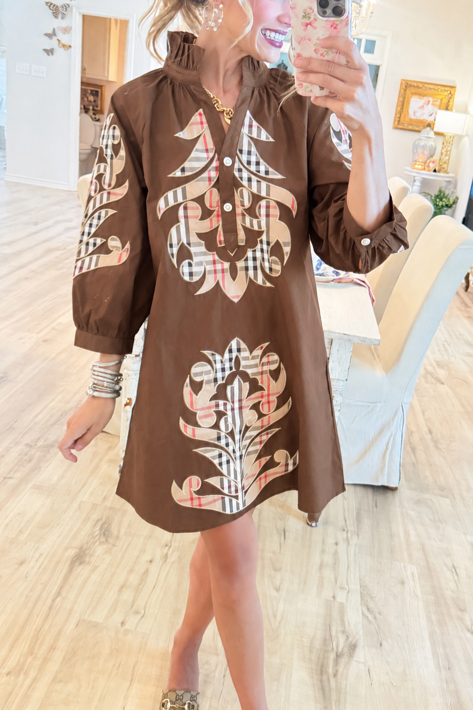Black and Taupe Accent Embroidered Mini Dress