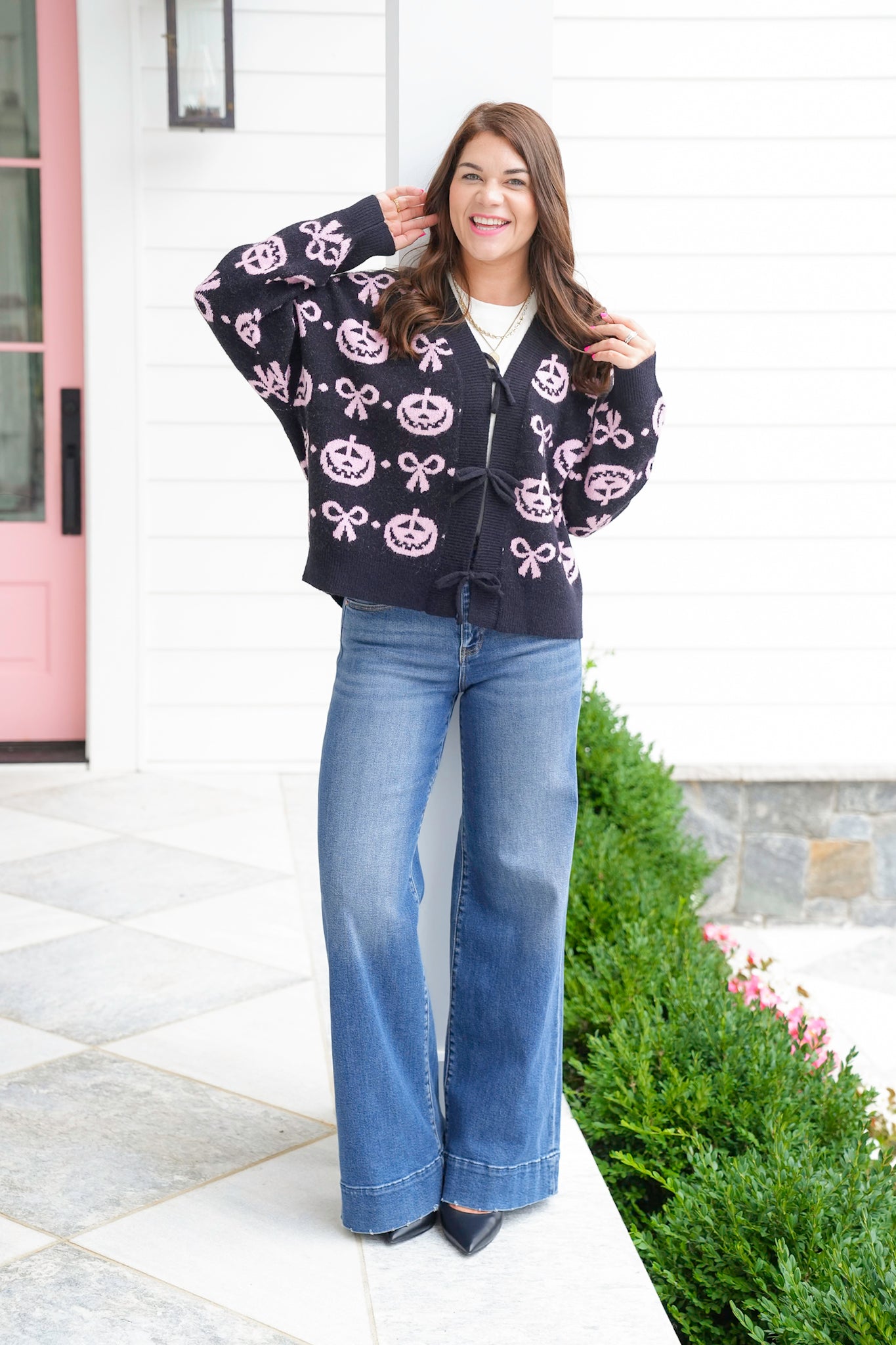 Knit Long Sleeve Jack O'lantern Cardigan with Bows