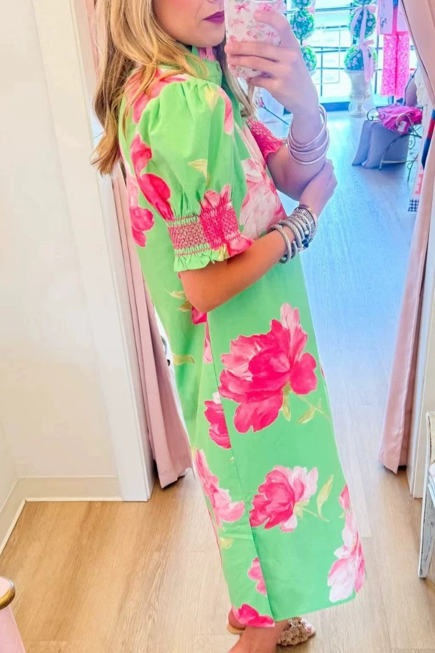 Blooming Puff Sleeve Ruffle-Neck Midi Dress