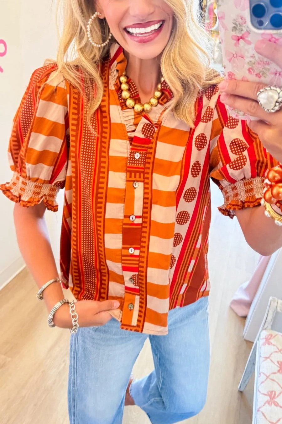 Cinnamon Multi Printed Puff Sleeve Top