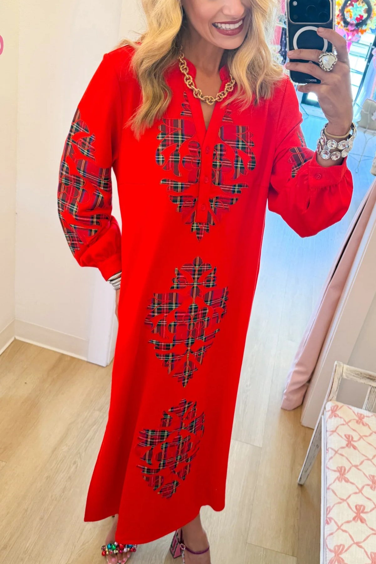 Red Plaid Baroque Applique Midi Dress