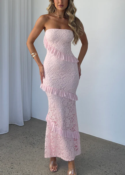 Robe longue en dentelle rose