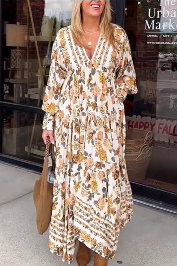 Robe mi-longue fleurie à col en V