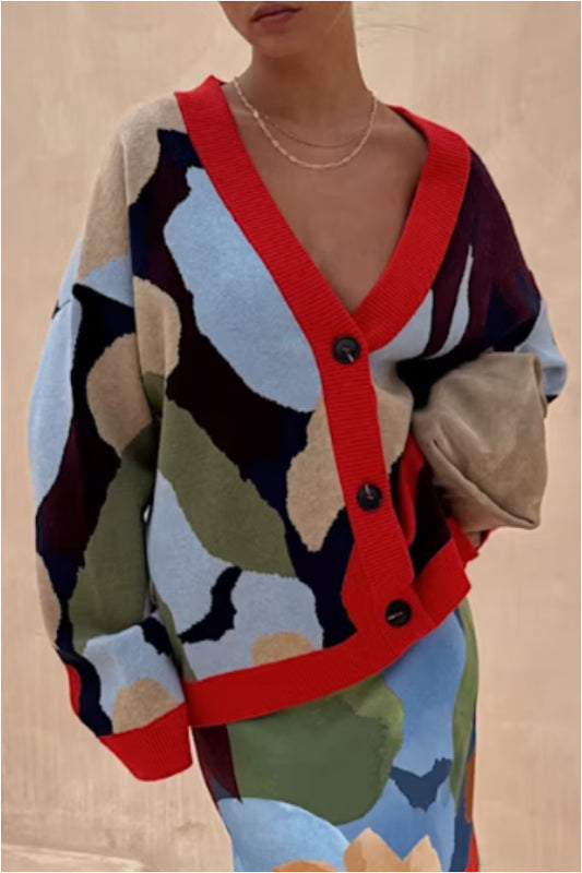 Navy Abstract Pattern Cardigan Women Coat