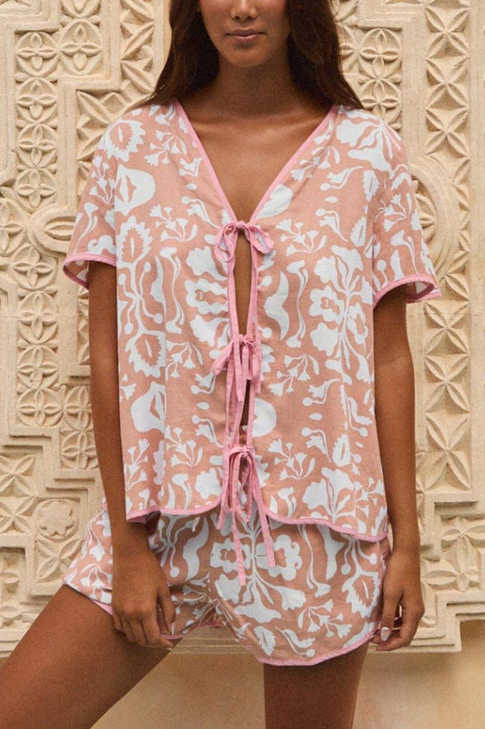 Abstract print lace-up short-sleeved shorts suit