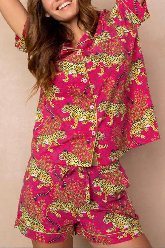 Animal Print Women's Home Short Sleeve Shorts Set