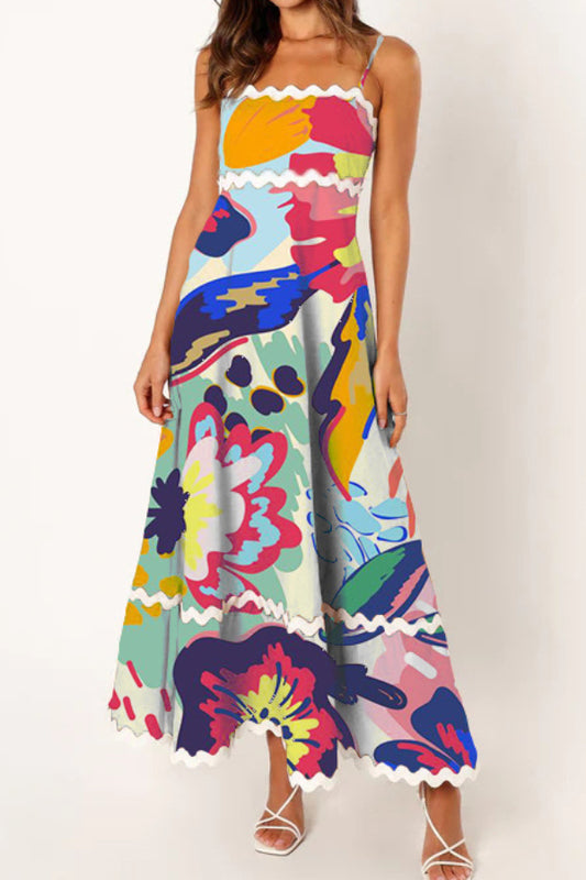 Blue Floral Print Lace Stitching Elegant Strapless Maxi Dress