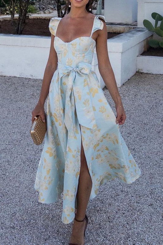 Butterfly Sleeve Printed Waist Tie Dress