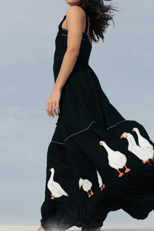 Black Goose Print Maxi Dress