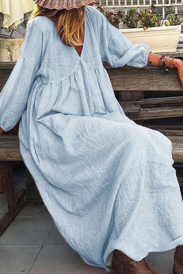 Robe de princesse fendue en coton et lin à col en V pour femme