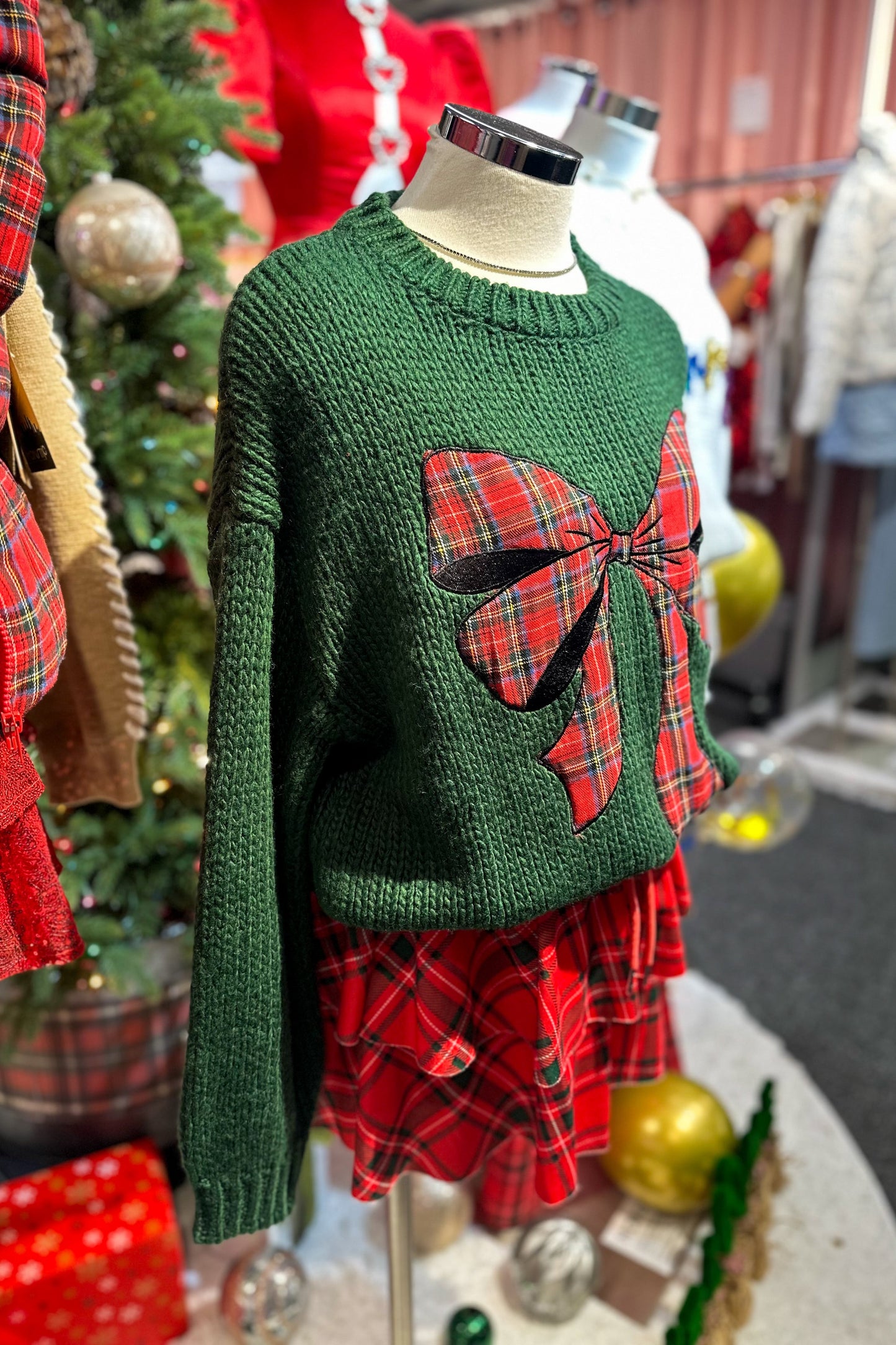 Santa Green Knit Sweater With Plaid Bow