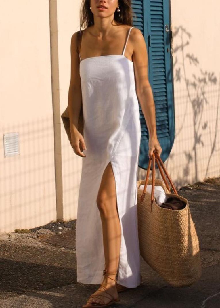 Robe à bretelles fendue de couleur unie