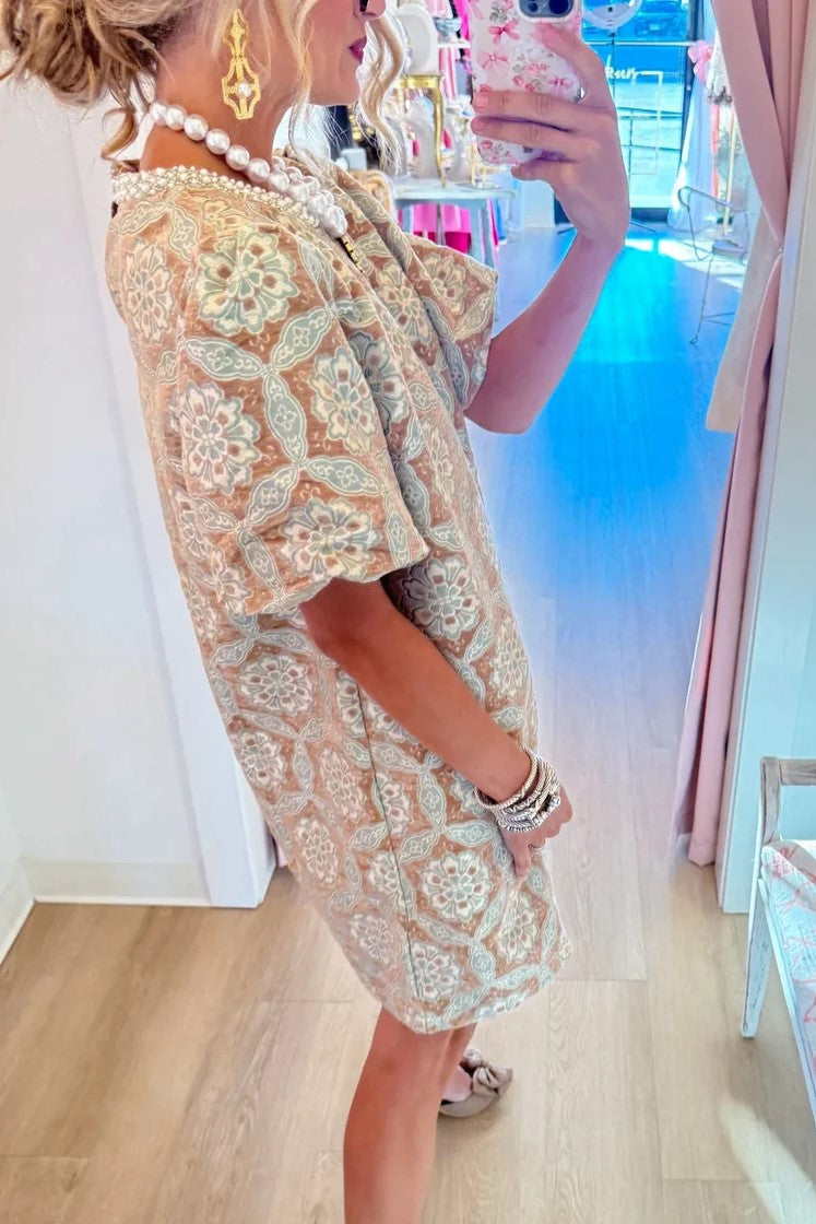 Evening Glow Taupe Brocade Dress