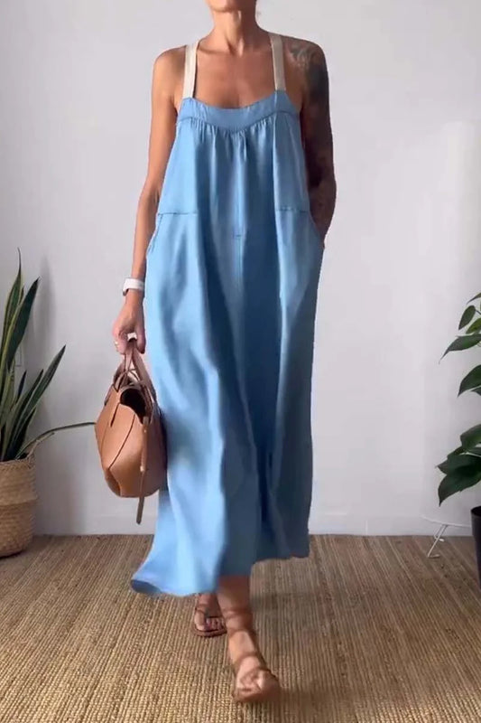 Casual cotton and linen suspender dress