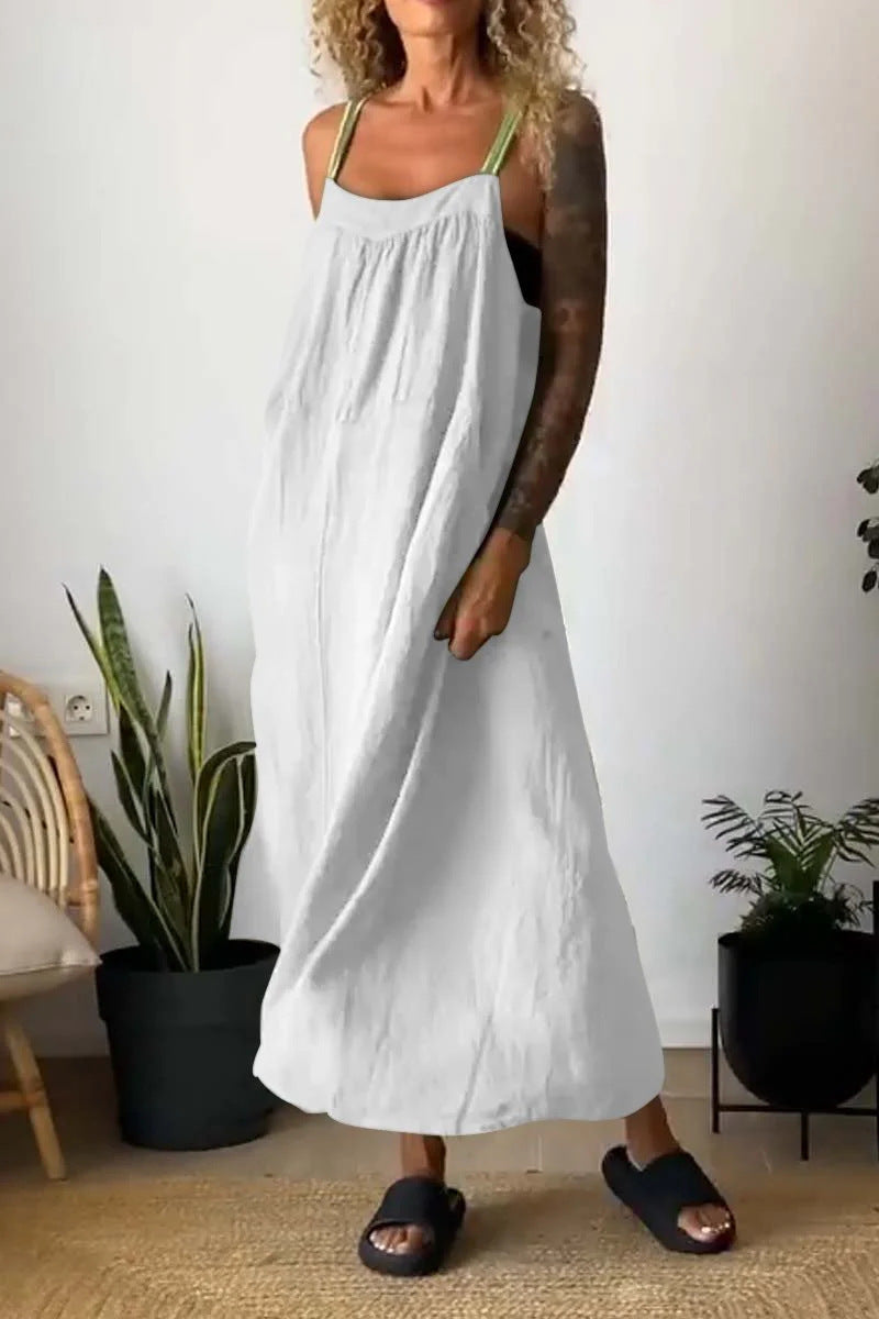 Robe à bretelles décontractée en coton et lin