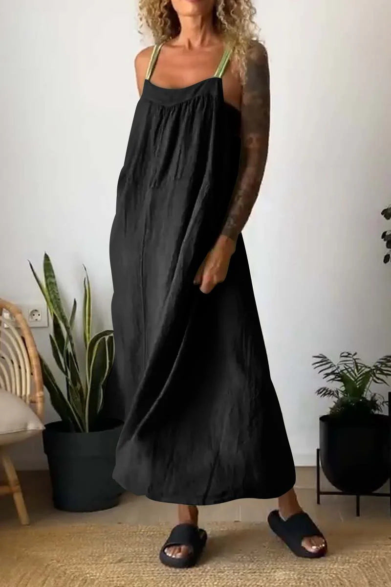 Robe à bretelles décontractée en coton et lin