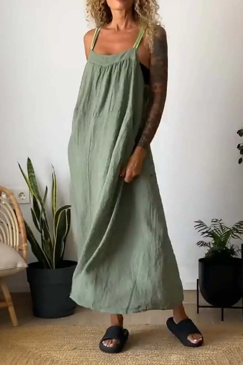 Robe à bretelles décontractée en coton et lin
