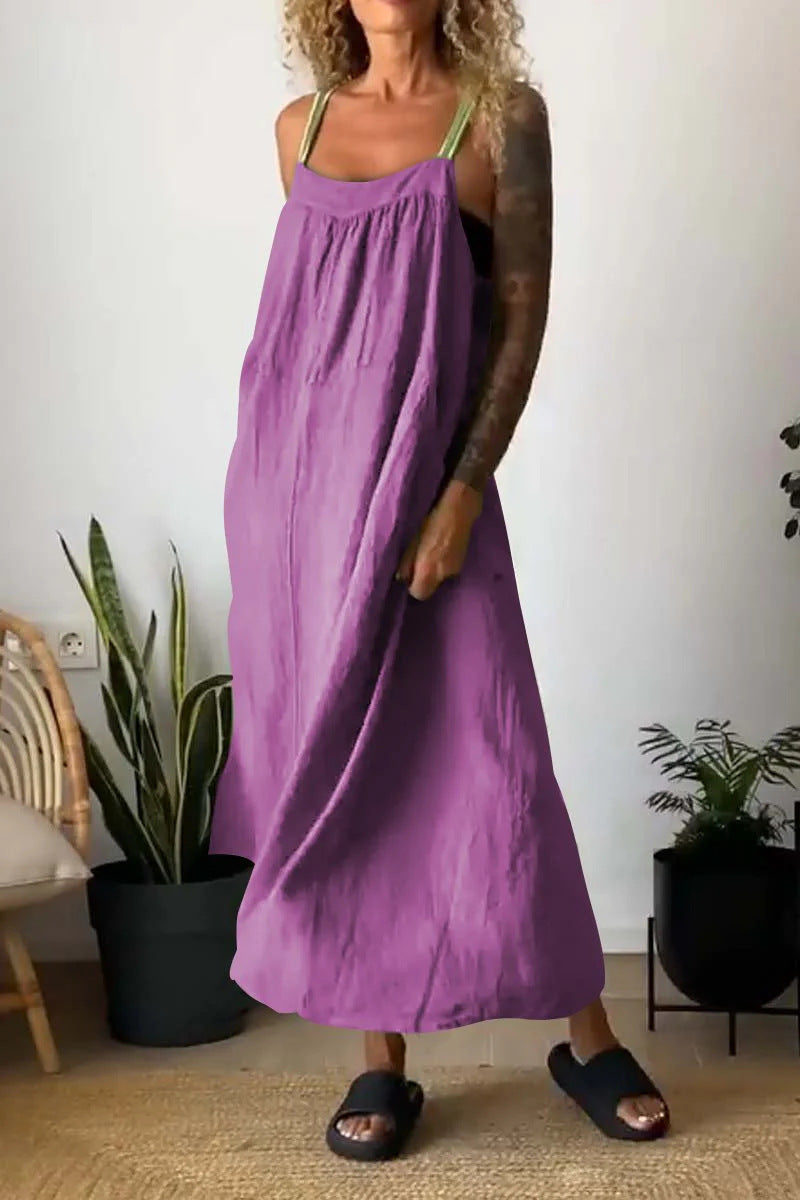 Robe à bretelles décontractée en coton et lin