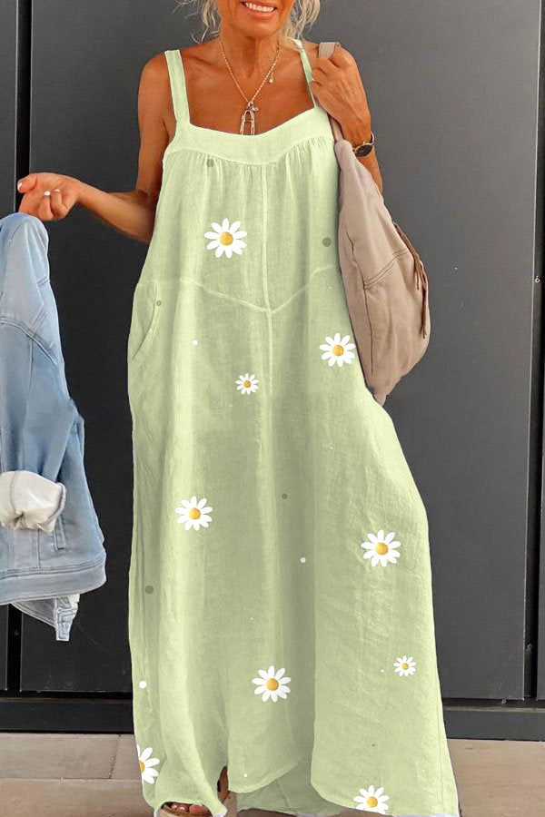 Robe longue imprimée à bretelles amples et grande taille pour femme avec motif marguerite fraîche verte