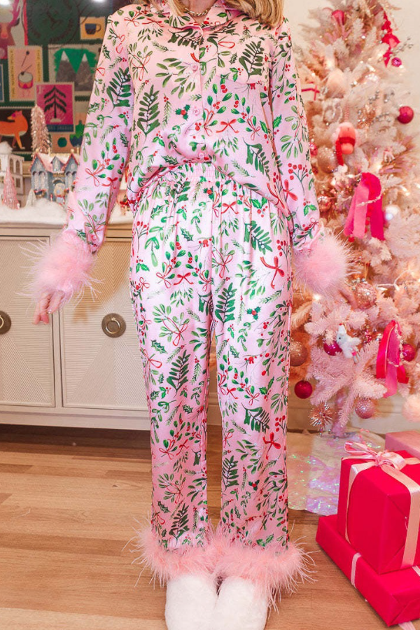 Christmas Holiday Pink Feather Women Pajams Set