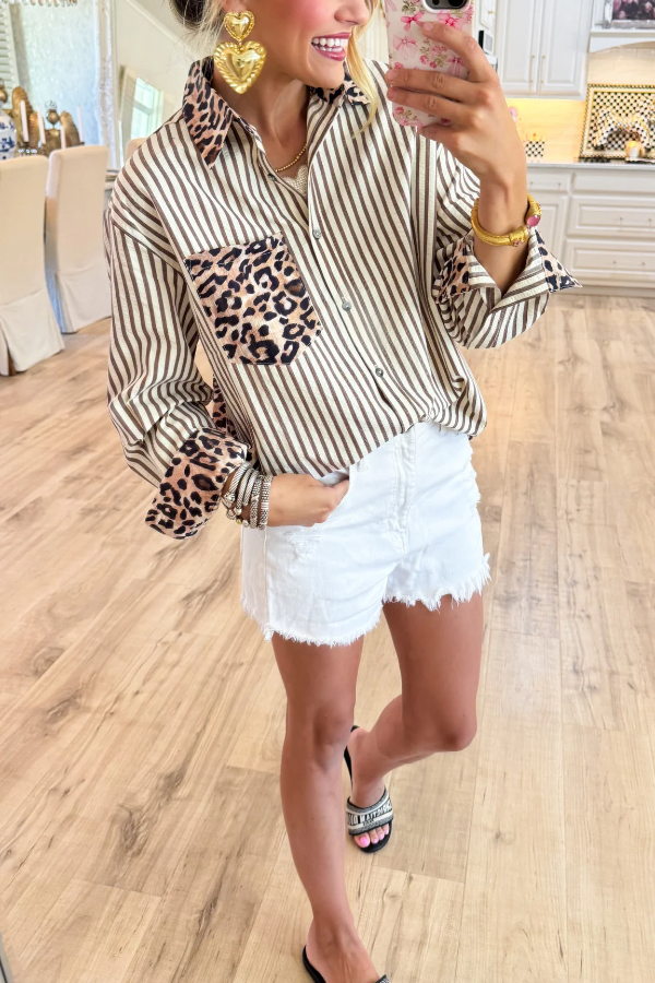 Brown Leopard Print Stripe Long Sleeve Top