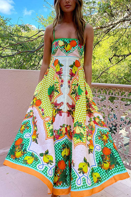 Cotton and Linen Strap Fruit Print Sleeveless Swing Dress