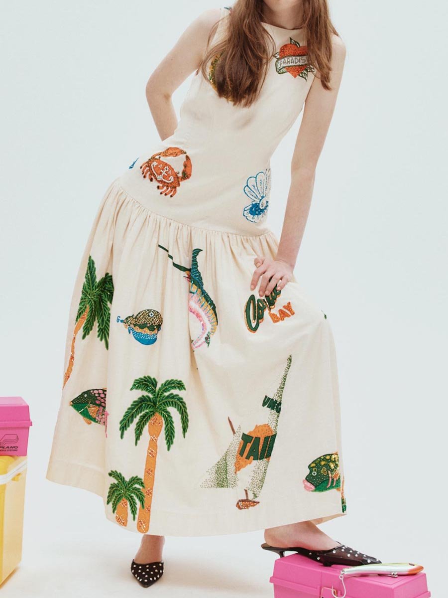 Robe taille basse sans manches à imprimé brodé