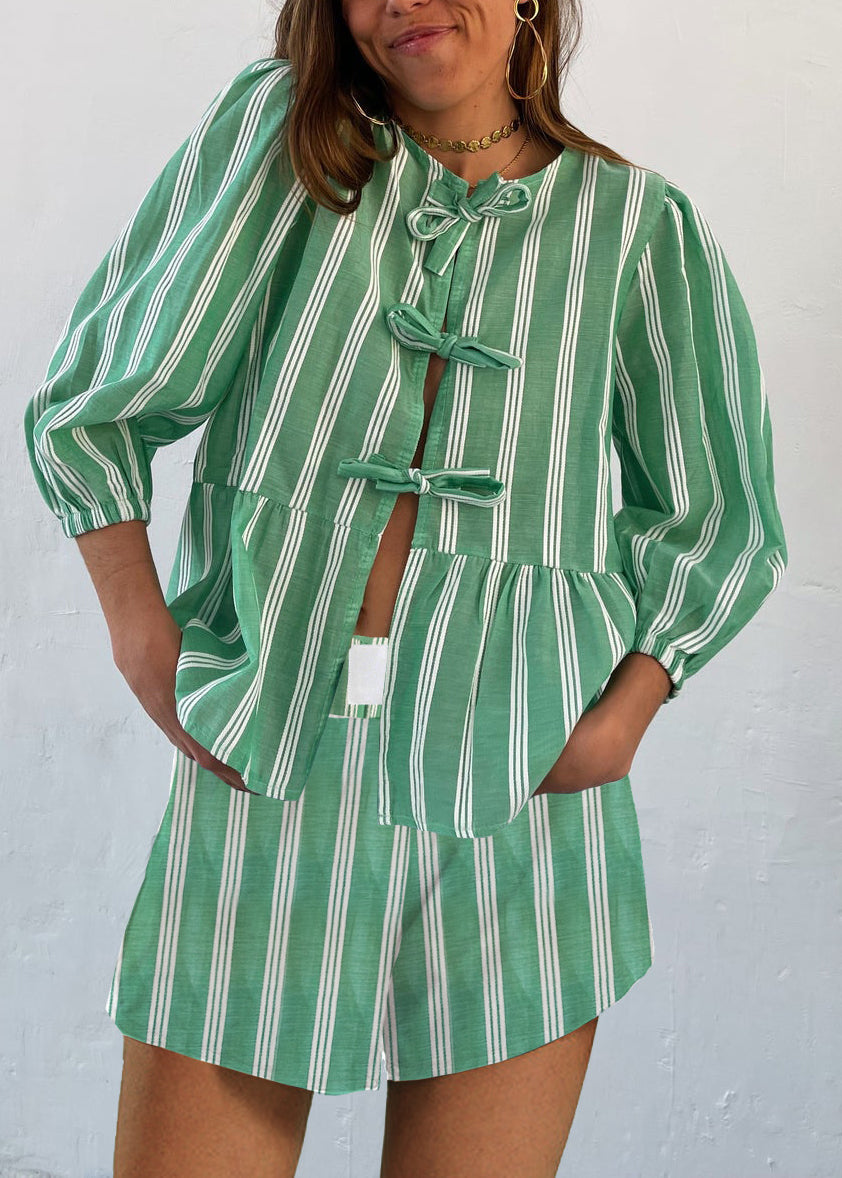 Women's Drawstring Striped Short Sleeve Shorts Set