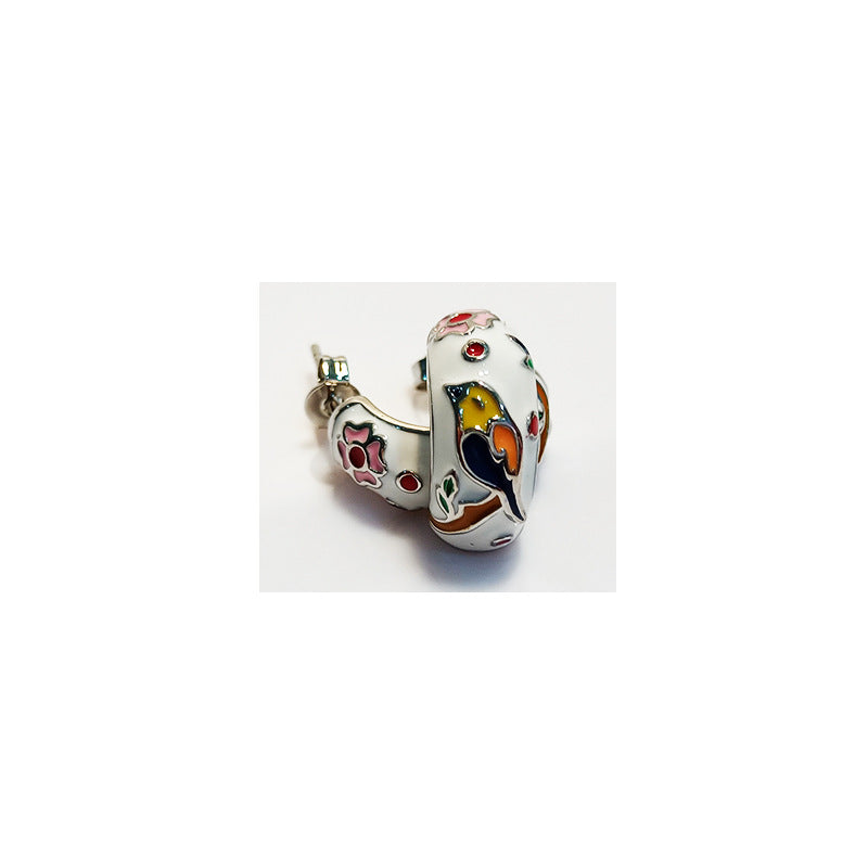 Enamel Flower and Bird Earrings