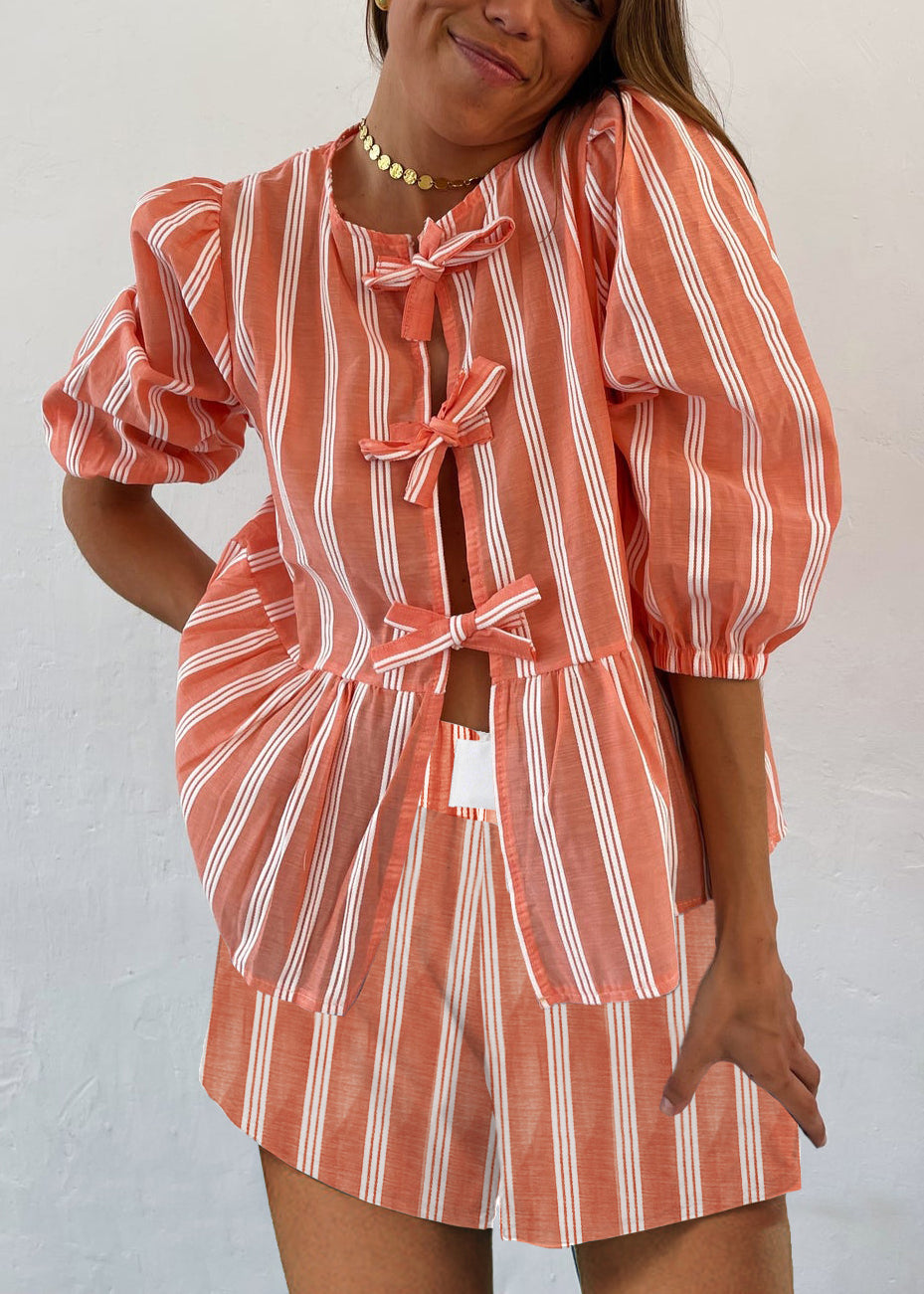 Women's Drawstring Striped Short Sleeve Shorts Set