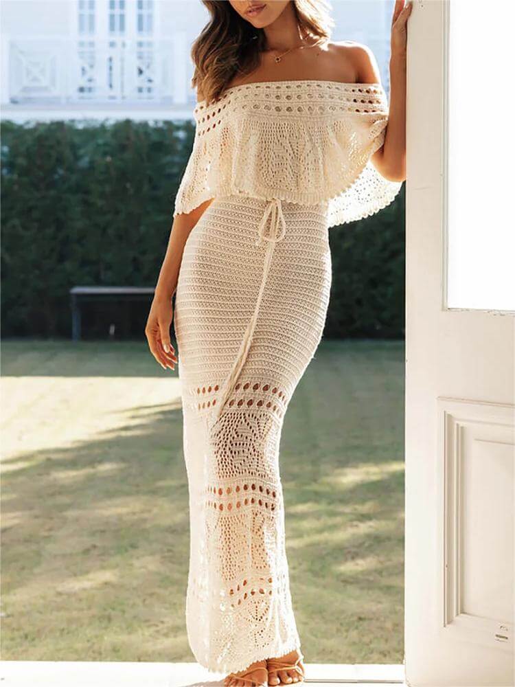 Robe longue de vacances slim à épaules dénudées en crochet